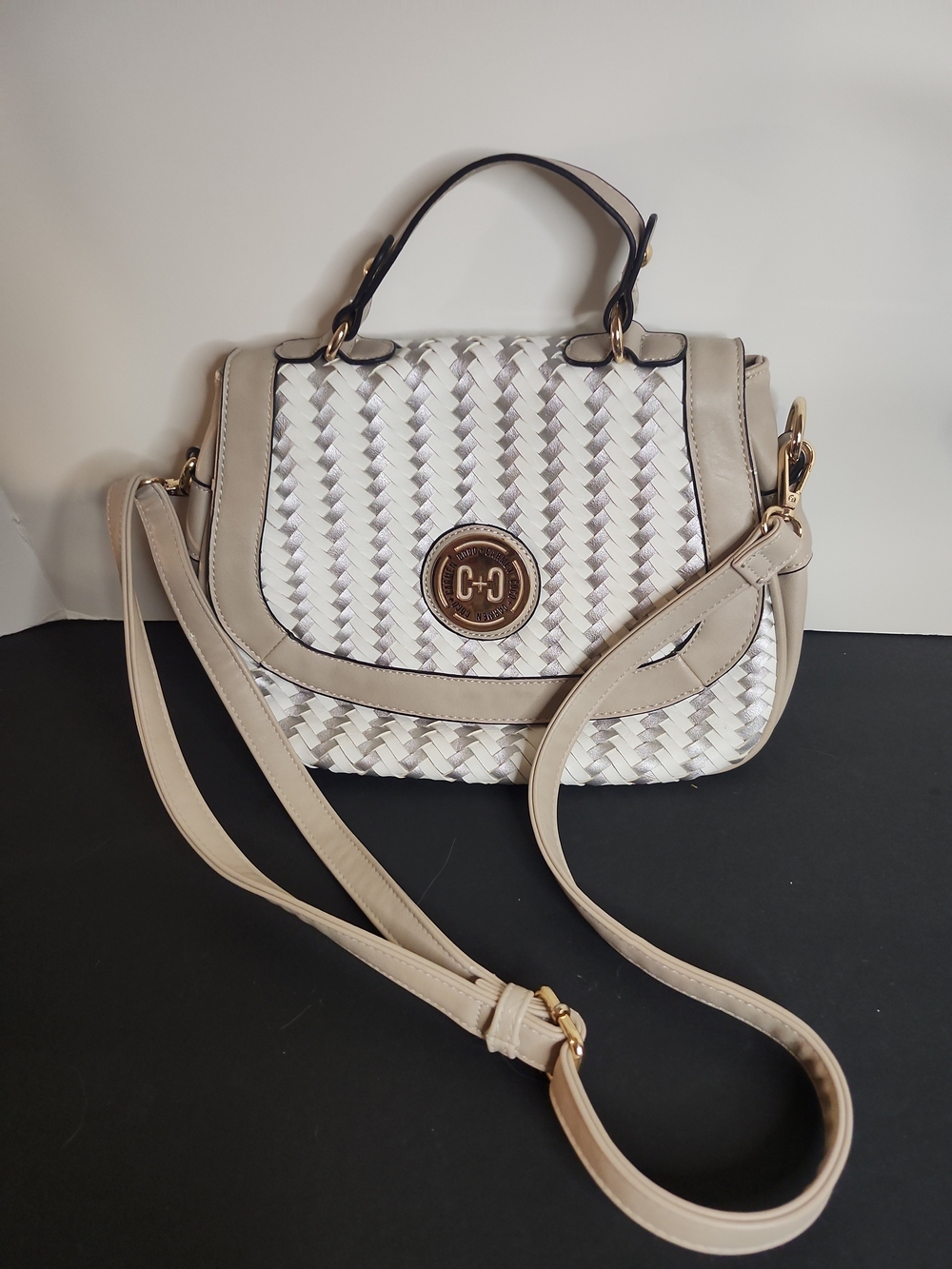 Carmen + CoCo Cream and Tan Woven Crossbody Bag with Gold Emblem